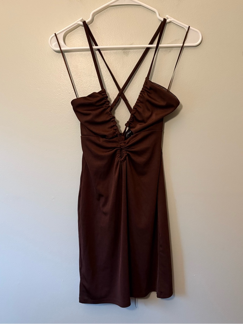 Streetwear Society Chocolate Brown Ruched Strappy Mini Dress, Size Medium